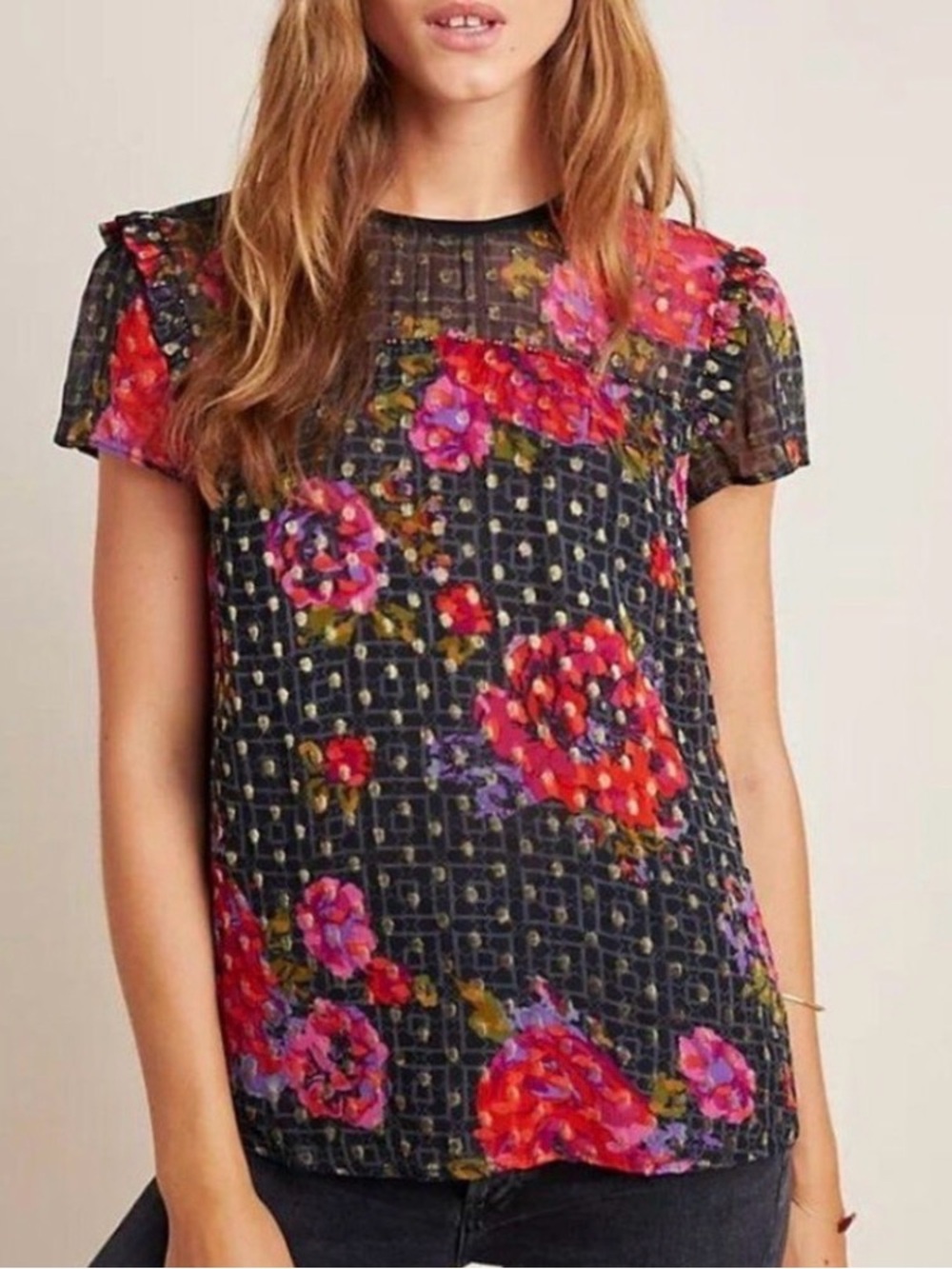 Anthropologie Fiorella Blouse Sheer Floral Metallic Dots Black Size 4